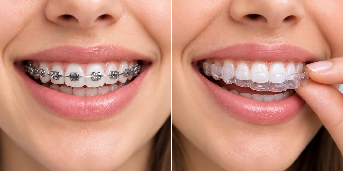 A smile with metal braces beside a smile with a clear aligner being fitted