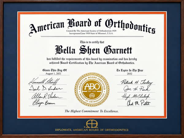 American Board of Orthodontics certificate awarded to Bella Shen Garnett