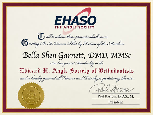 Edward H. Angle Society of Orthodontists certificate awarded to Bella Shen Garnett, DMD, MMSc