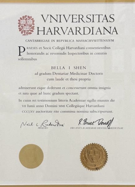 Harvard University Doctor of Dental Medicine degree awarded to Bella Shen Garnett