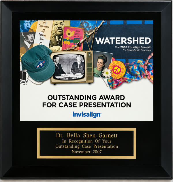 Invisalign Watershed Outstanding Award for Case Presentation presented to Dr. Bella Shen Garnett