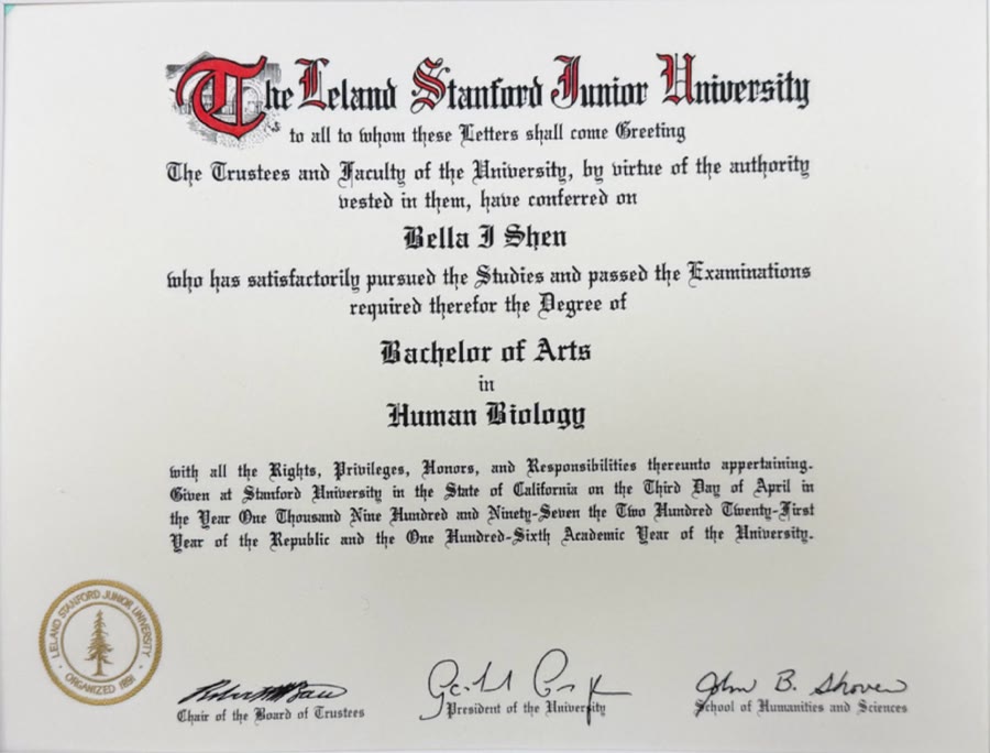 Stanford University degree awarded to Bella Shen