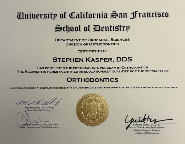 UCSF School of Dentistry orthodontics certificate awarded to Stephen Kasper, DDS