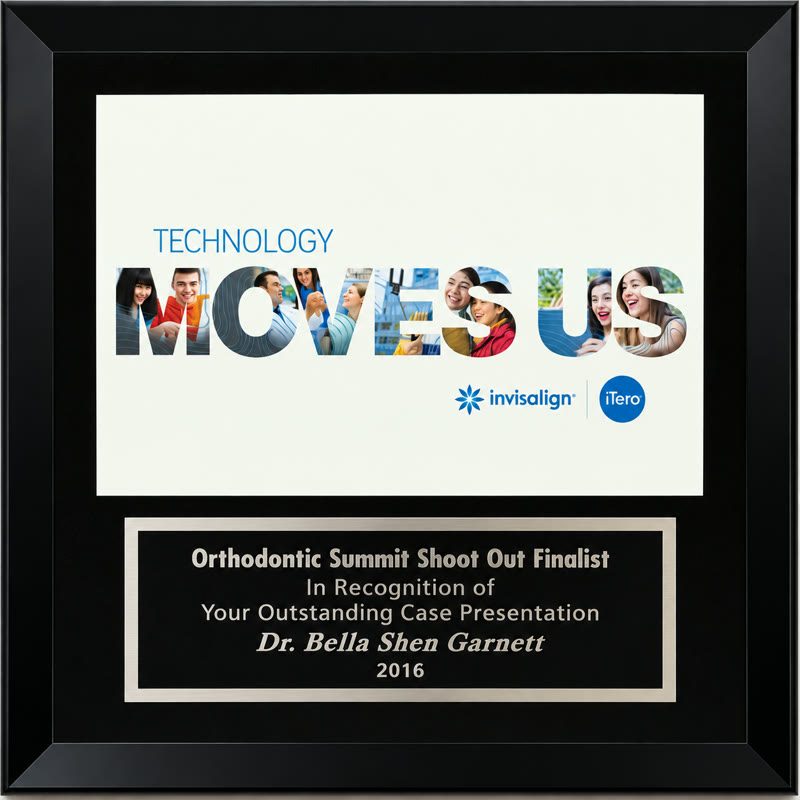 Invisalign Orthodontic Summit Shoot Out Finalist plaque awarded to Dr. Bella Shen Garnett, 2016