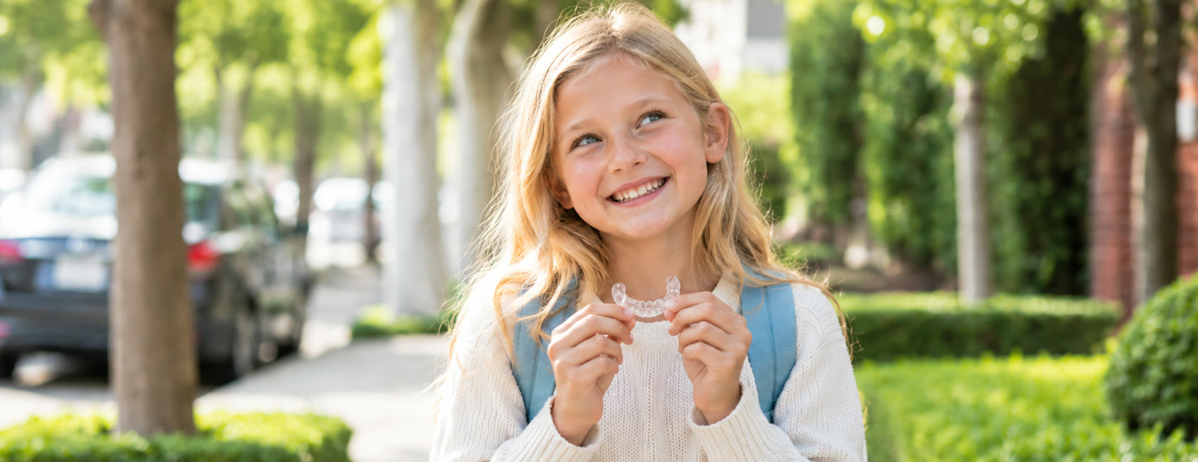 A smiling girl outdoors holding her clear Invisalign aligner