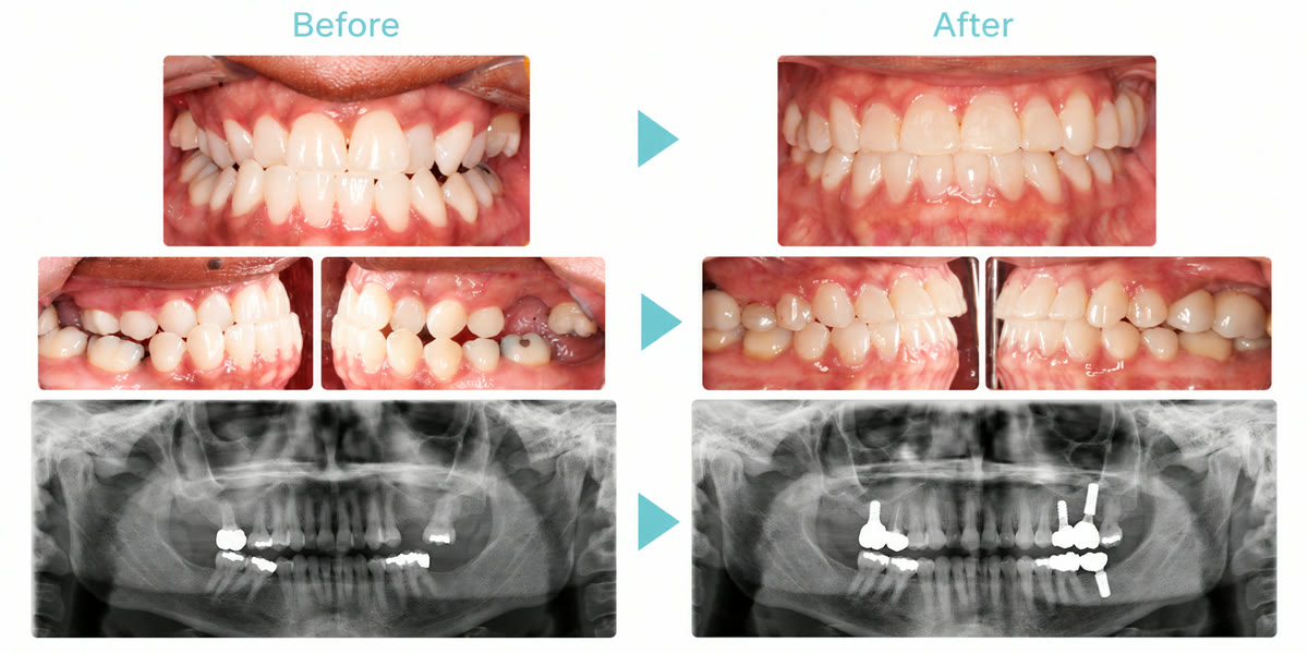 Before and after photos and panoramic X-rays of a multidisciplinary case with implants