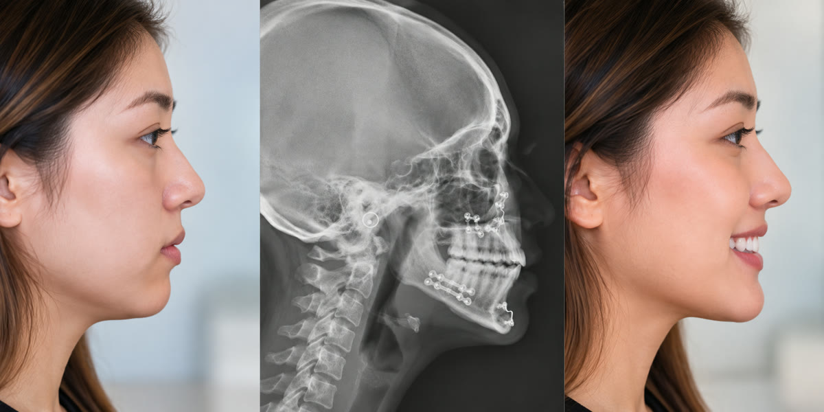 Profile photos and cephalometric X-ray before and after surgical orthodontics